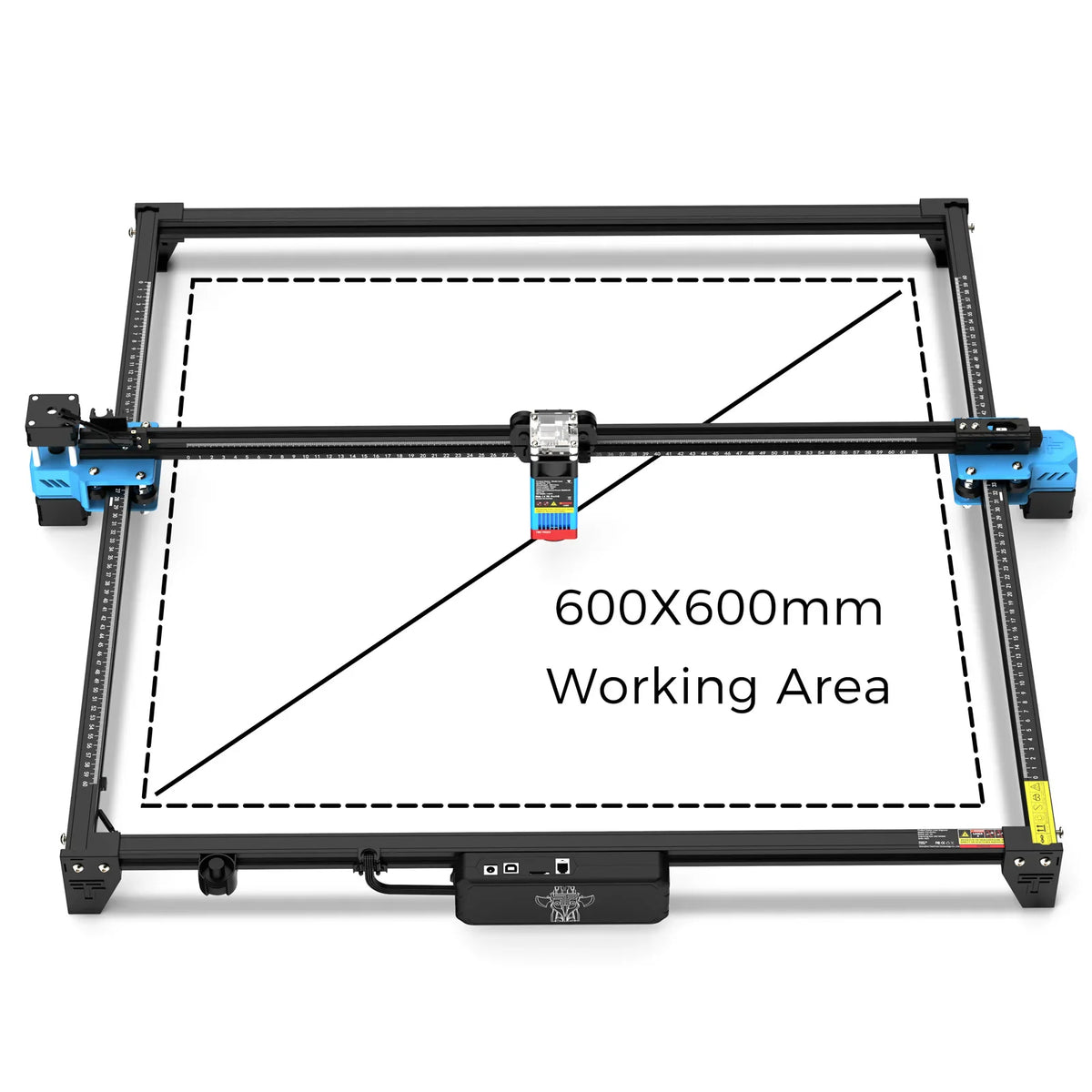 Desktop laser engraver frame showing the 600 by 600 mm working area dimensions