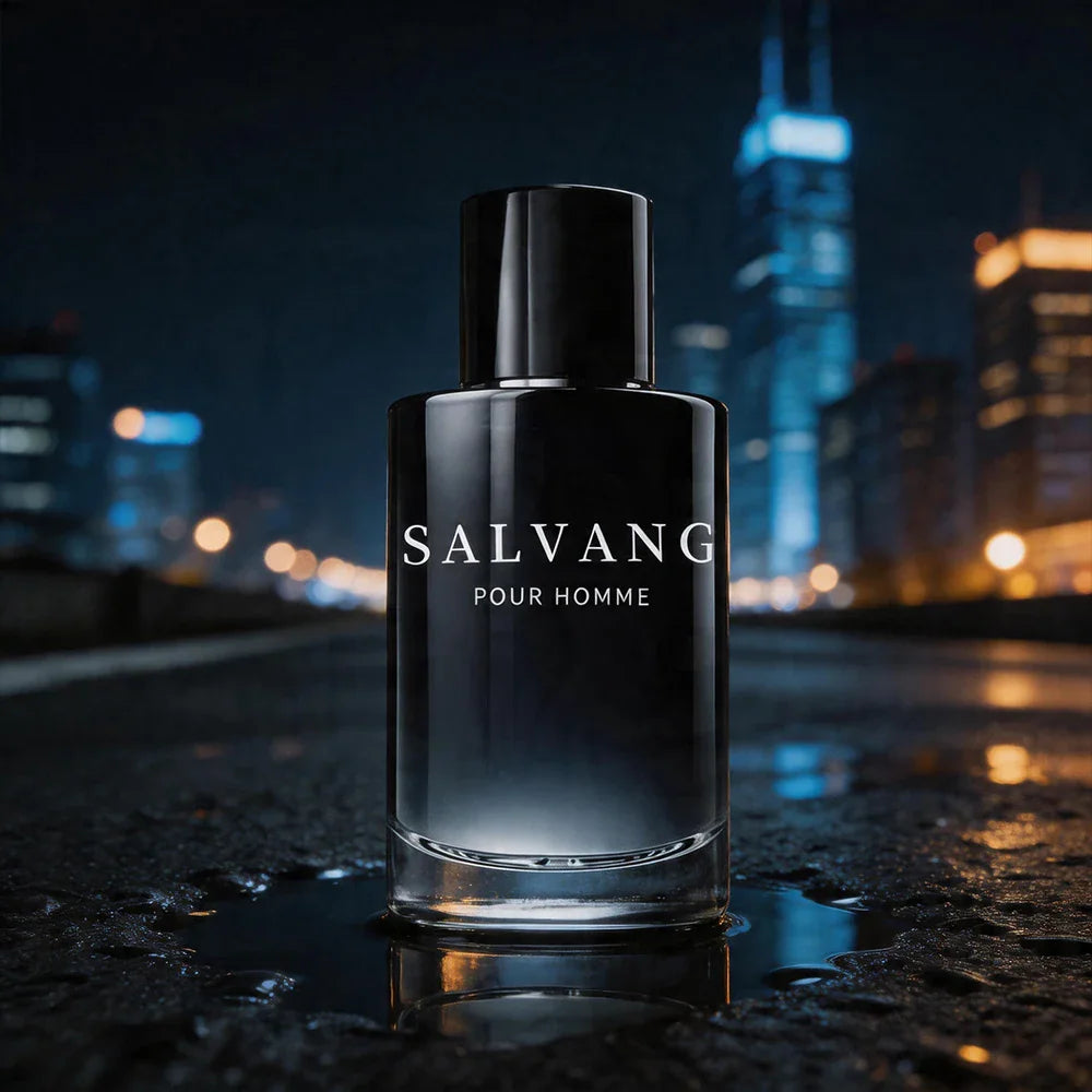 A glass perfume bottle with dark blue gradient standing on a wet surface with a city skyline background at night