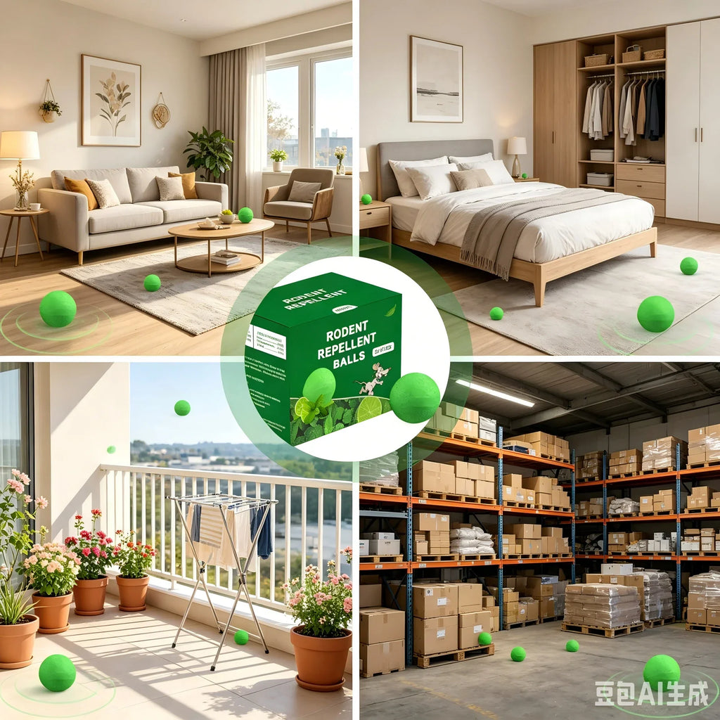 Rodent repellent balls demonstrated in various household settings
