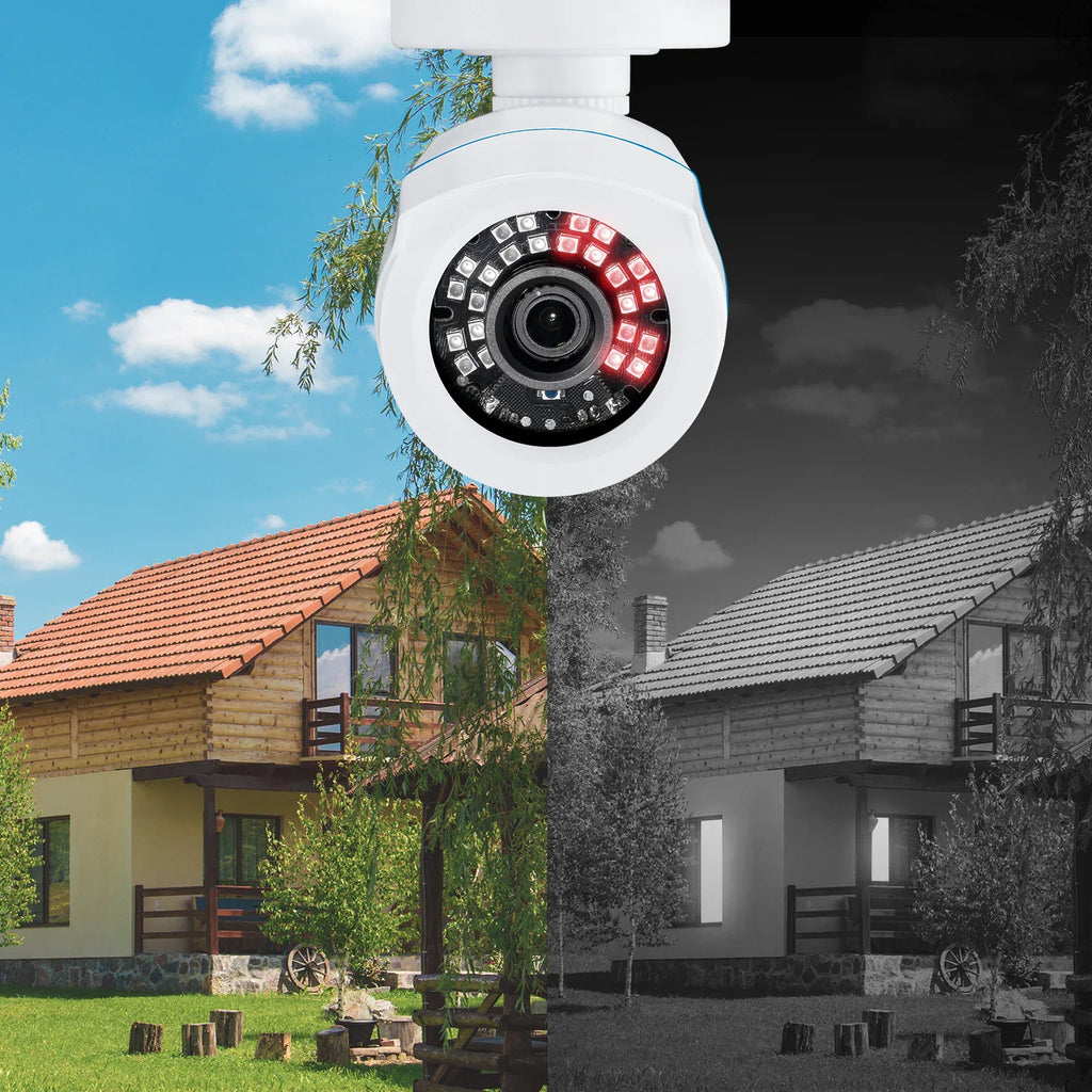 Outdoor security camera showing daylight and infrared night vision views