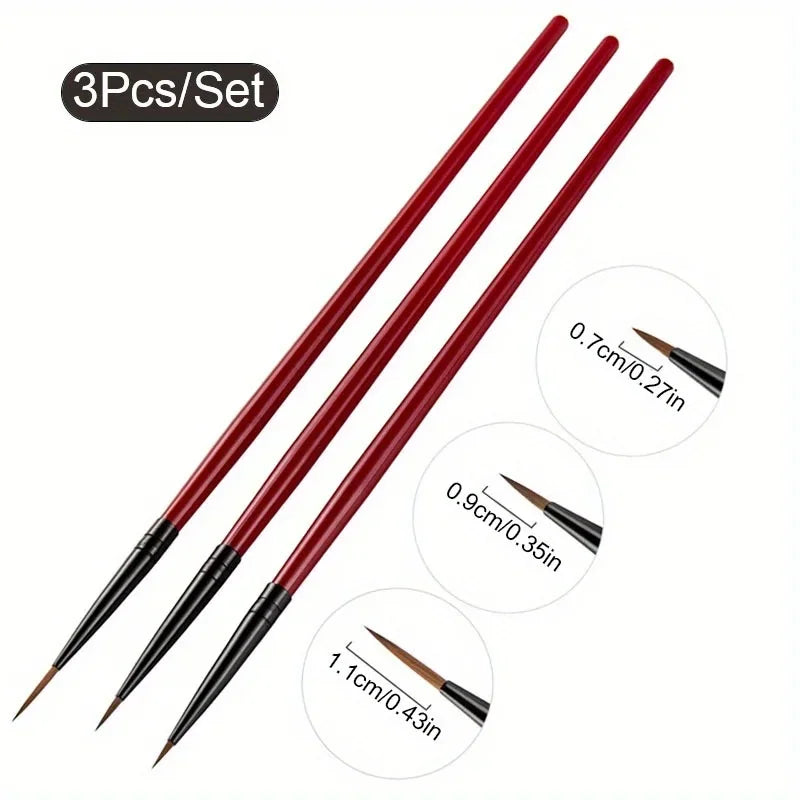 Three thin nail art liner brushes with red handles shown with tip length callouts