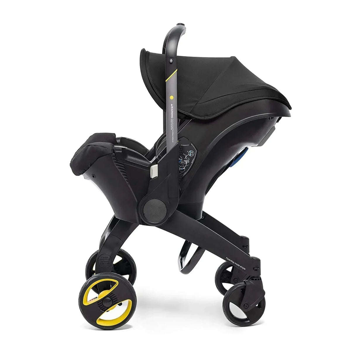 Black infant car seat in upright stroller mode