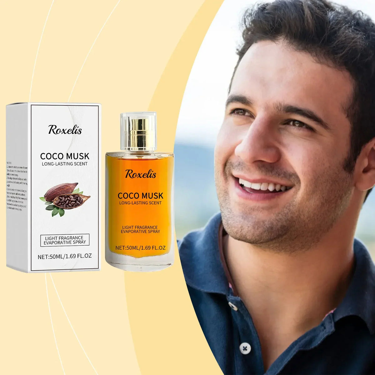 Coco Musk perfume bottle and box next to a smiling man.