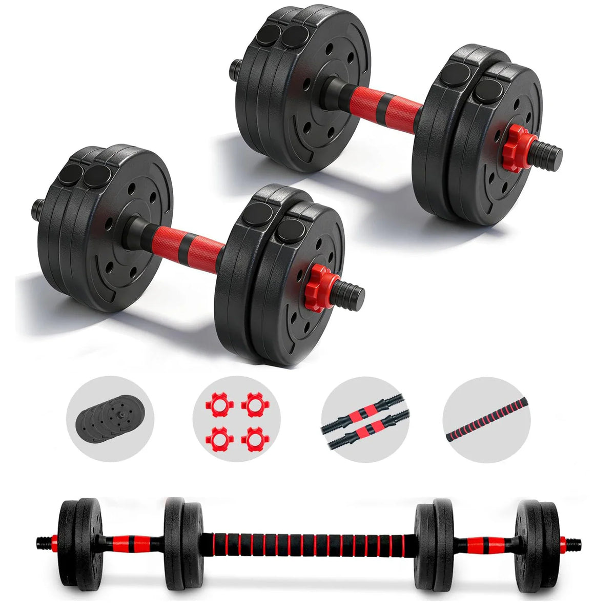 Adjustable dumbbells shown with individual parts and assembled as a barbell.