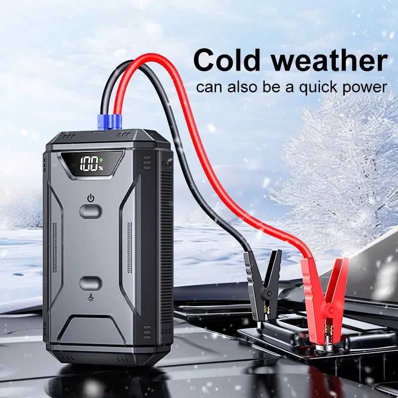 Portable car jump starter with jumper cables connected to a battery in a snowy environment