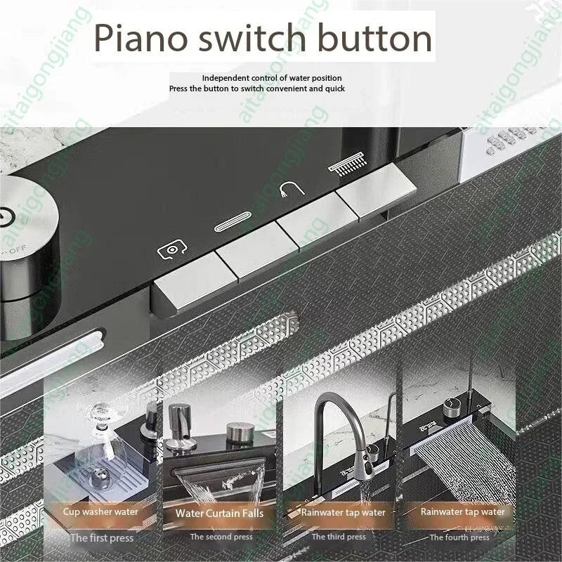 Large rectangular stainless steel kitchen sink with digital display and integrated faucet – view 4