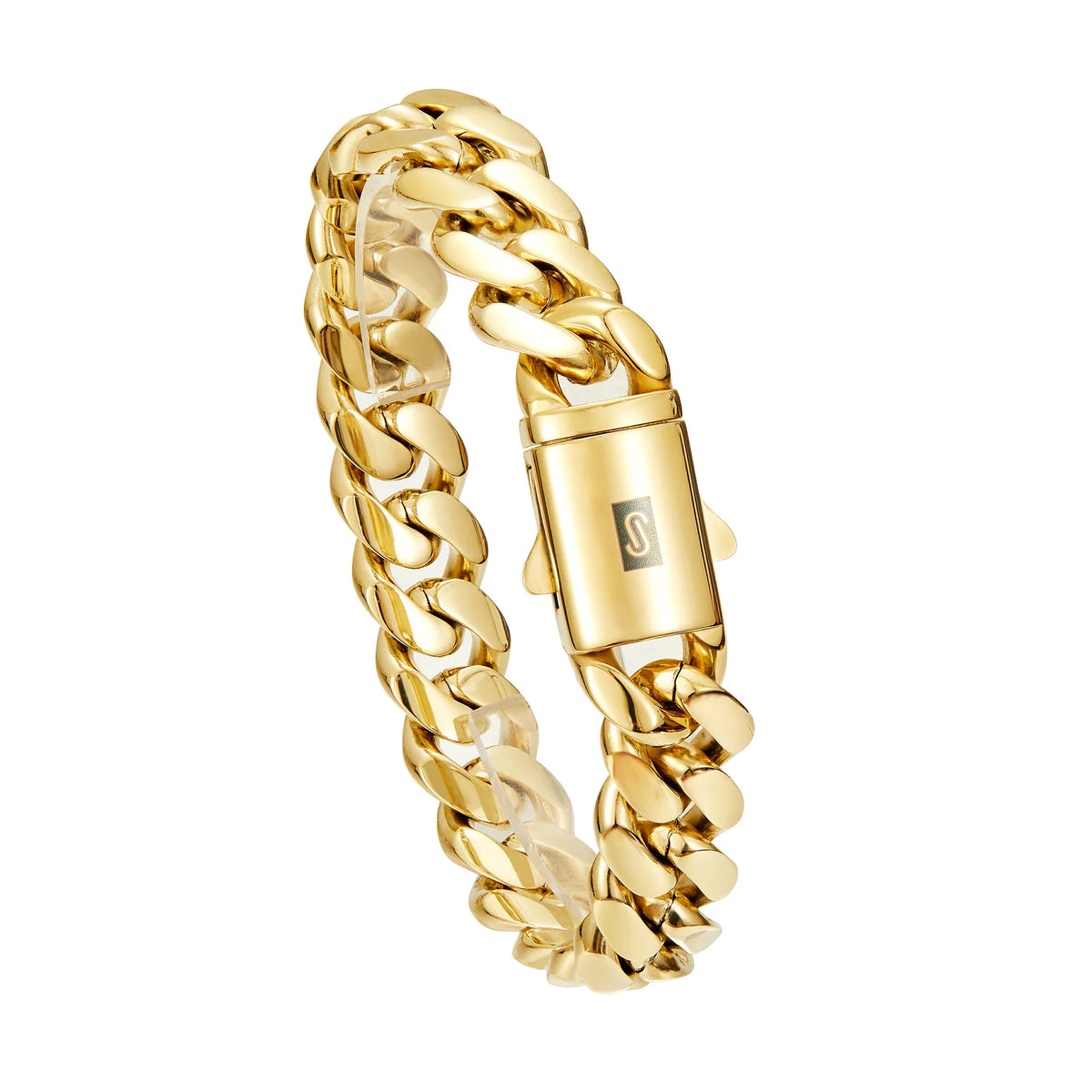 A single gold cuban link bracelet with a clasp shown against a white background