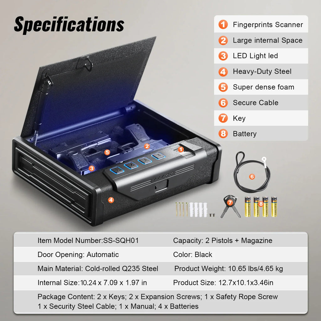 A product specification sheet for a biometric pistol safe including parts list and dimensions.