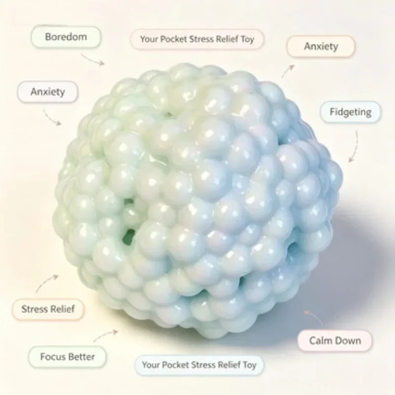 A single squishy bead ball labelled with stress relief benefits