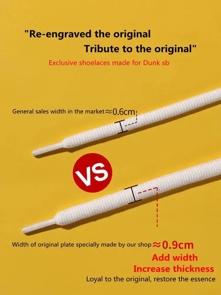 A comparison between a standard shoelace and a thicker, upgraded version.