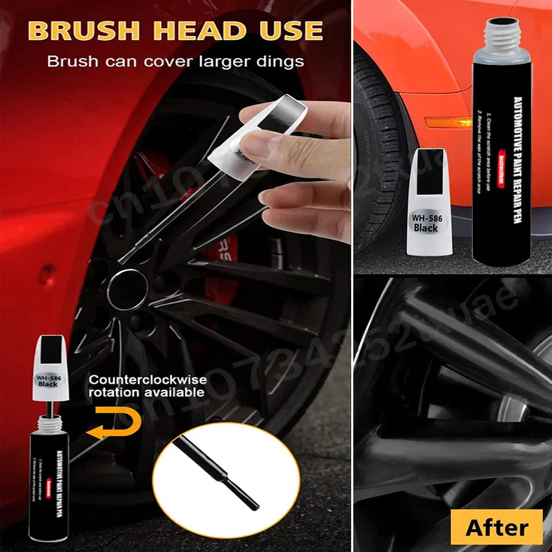Instructional guide for a black automotive wheel paint repair pen with brush head application