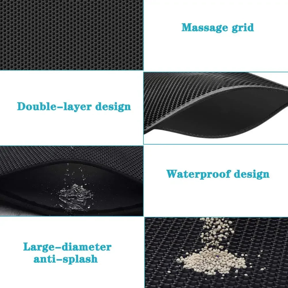 Product features of a black honeycomb cat litter mat including waterproof and double-layer design.