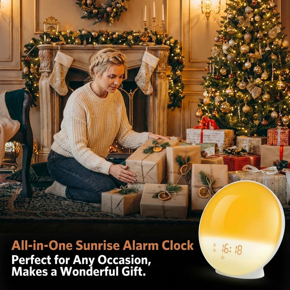 Woman wrapping Christmas gifts near a tree with a sunrise alarm clock in the foreground