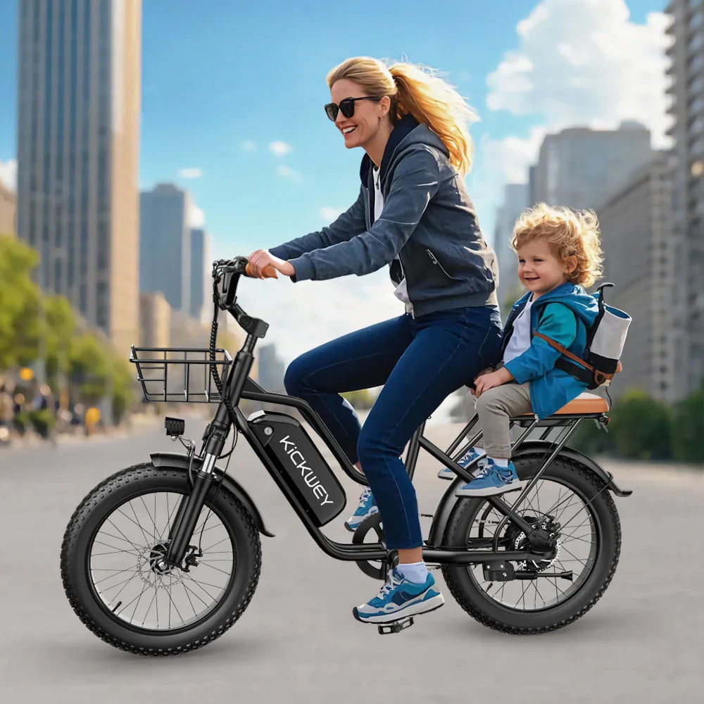 Woman riding a black electric bike with a child on the rear seat in an urban setting
