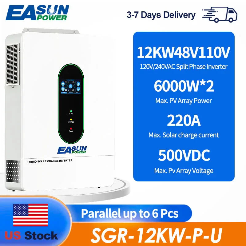 White 12KW hybrid solar charge inverter with technical specifications.