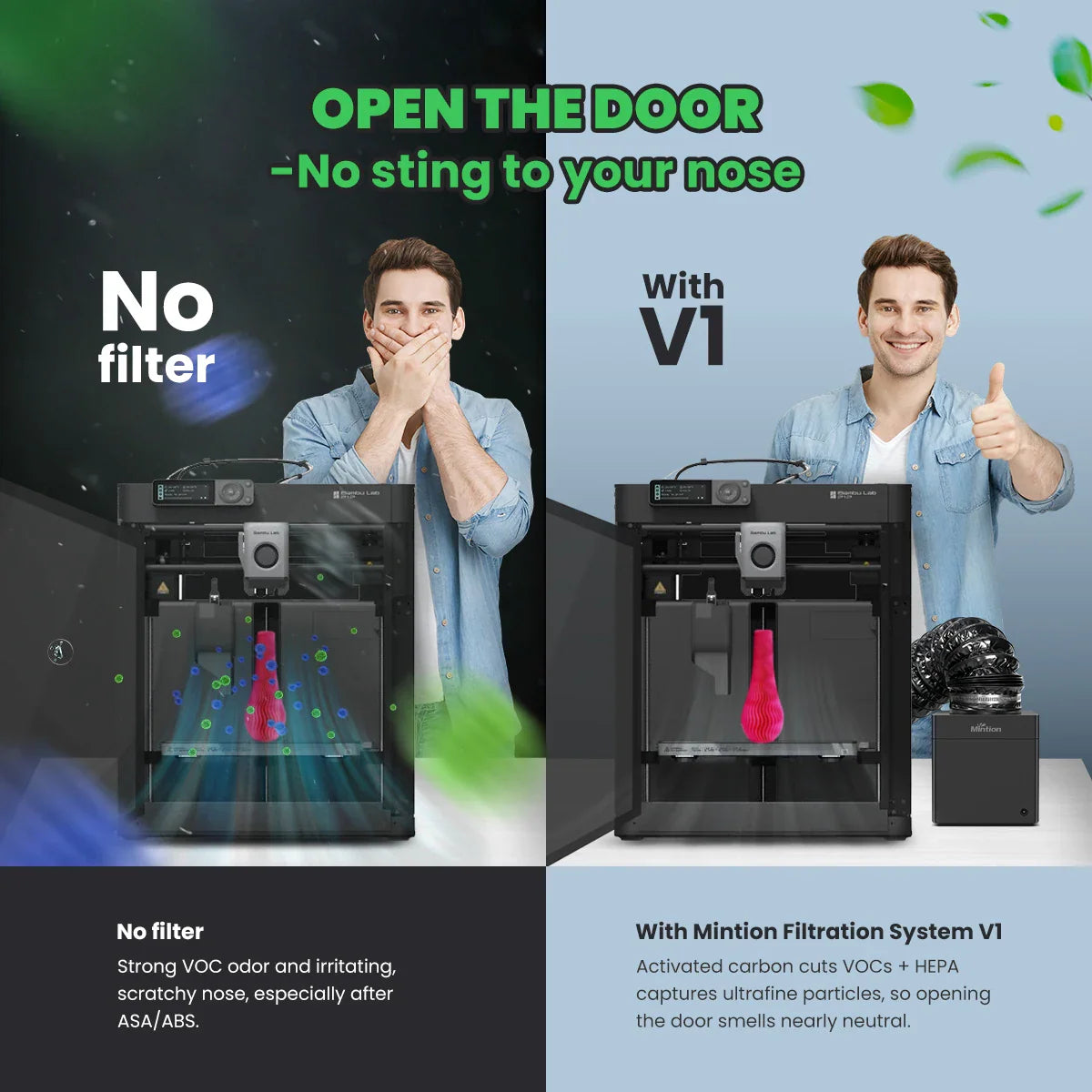 Comparison of 3D printer workspace with and without air filtration system, showing cleaner air quality with system