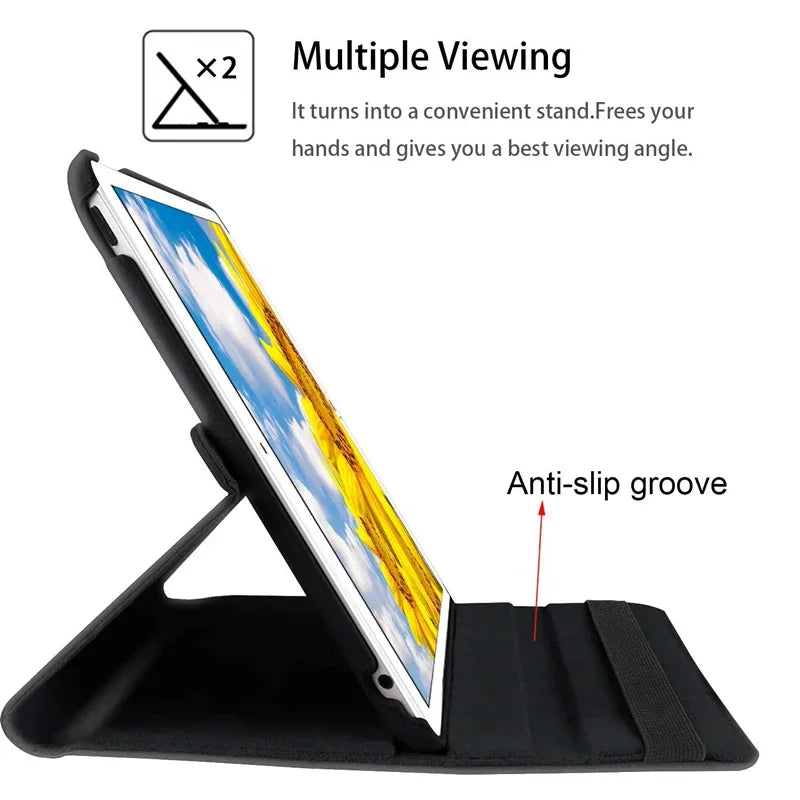 Side profile of a black tablet case standing in a viewing position with anti-slip grooves.