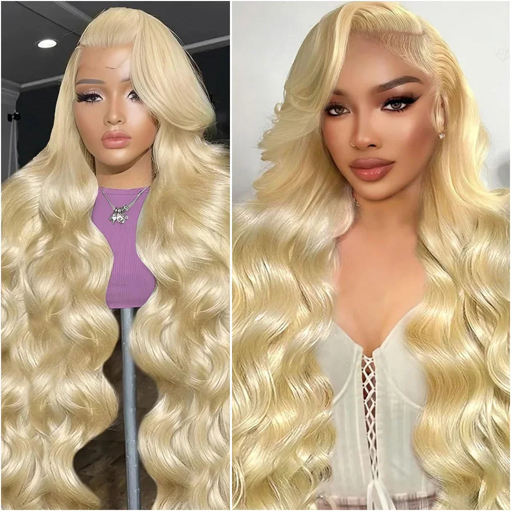 Long wavy honey blonde human hair lace front wig worn by models