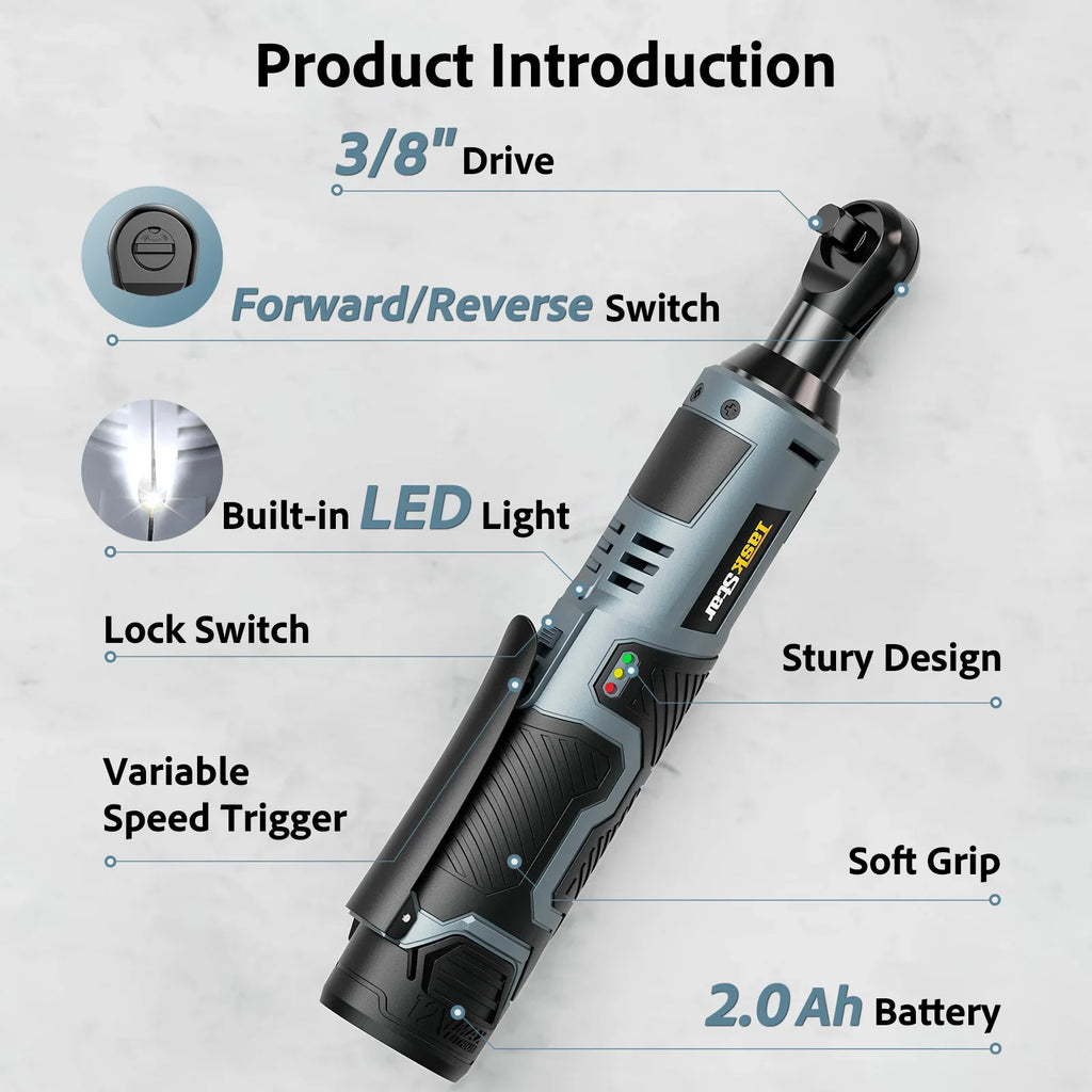Diagram of a cordless electric ratchet wrench highlighting features like variable speed trigger, LED light, and battery