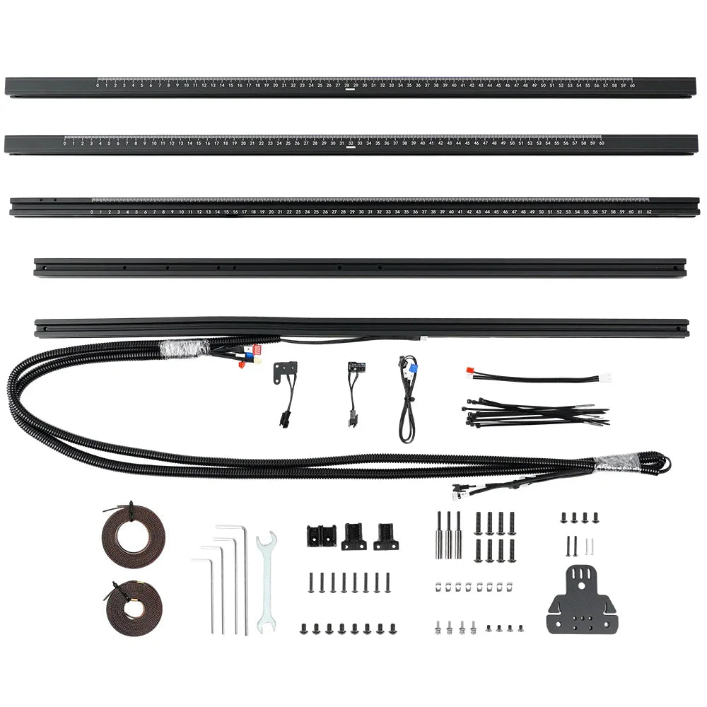 Laser engraver extension kit spare parts including aluminum profiles, cables, screws, and tools