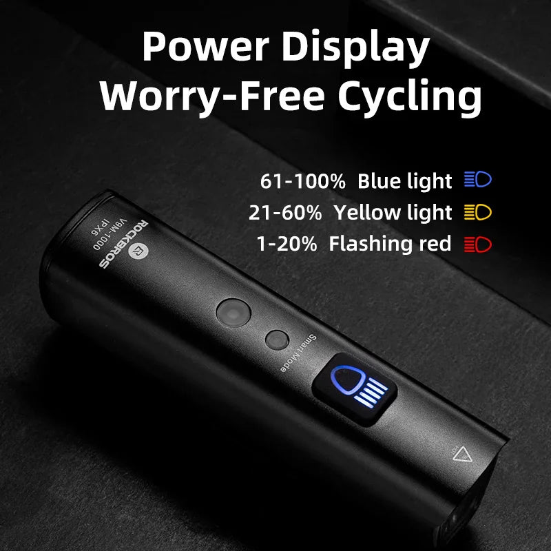 A black bike light showing power display colour indicators for battery percentage