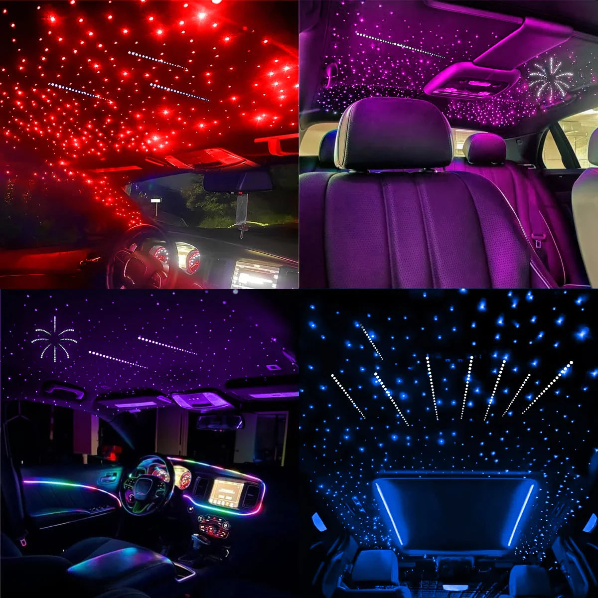 Car interior with vibrant red and blue fiber optic starlight headliner and dashboard lighting