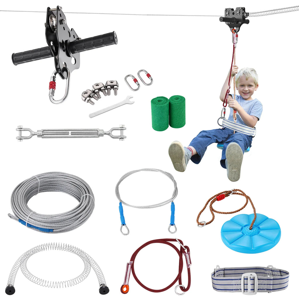 Backyard zipline kit with pulley, cable, swing seat, safety belt, and installation hardware.