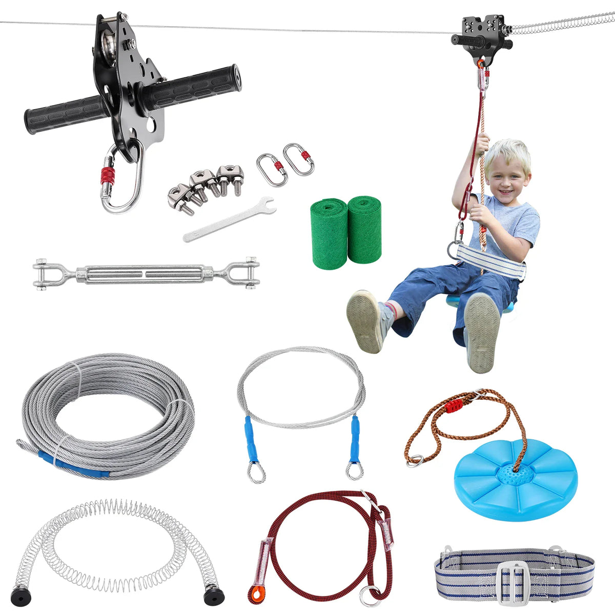Backyard zipline kit with pulley, cable, swing seat, safety belt, and installation hardware.