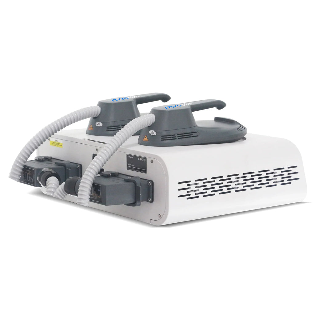 Back view of portable electromagnetic body sculpting and muscle stimulation machine with two applicators and connecting hoses