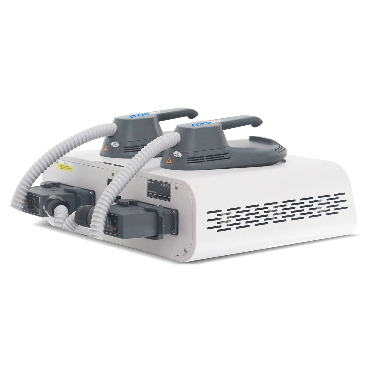 Back view of portable electromagnetic body sculpting and muscle stimulation machine with two applicators and connecting hoses