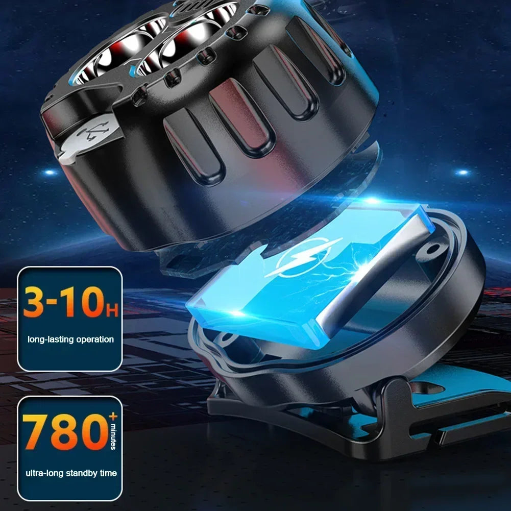 Exploded view showing internal battery of rechargeable LED headlamp