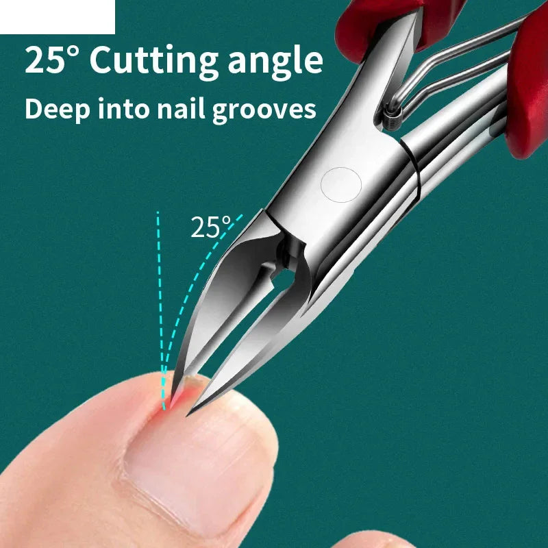 Close up of toenail nippers with a twenty-five degree cutting angle for ingrown nails