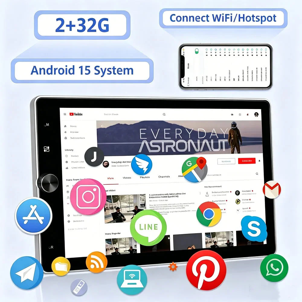 10-inch android car stereo system with various application icons and features showcased