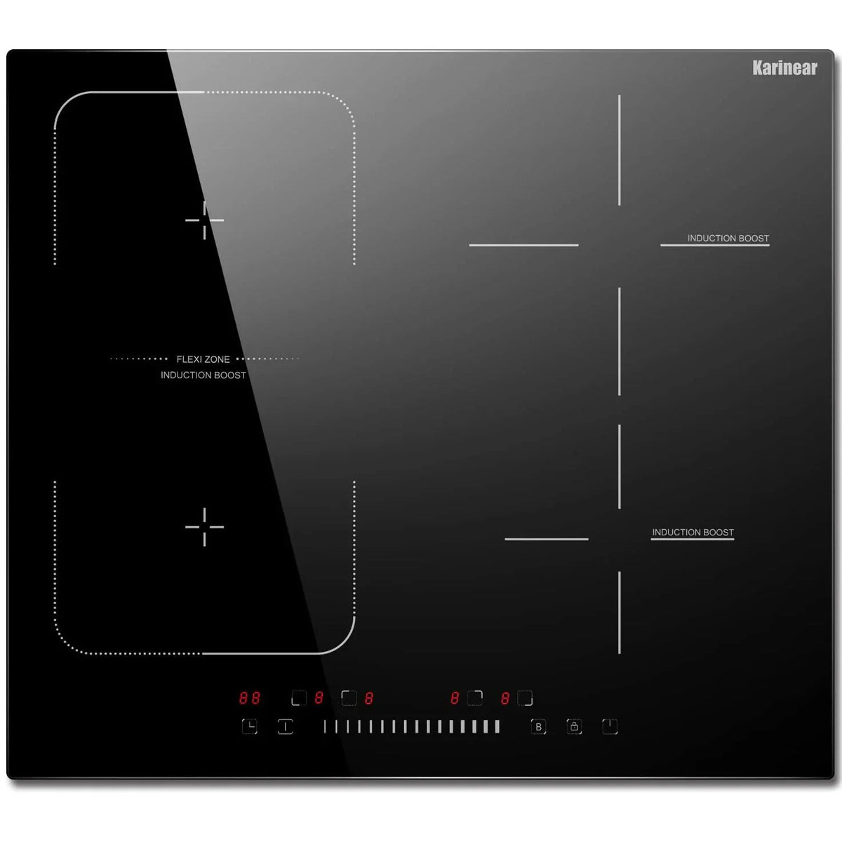 Karinear 4-burner built-in induction cooktop with a smooth glass-ceramic surface and digital slider controls.