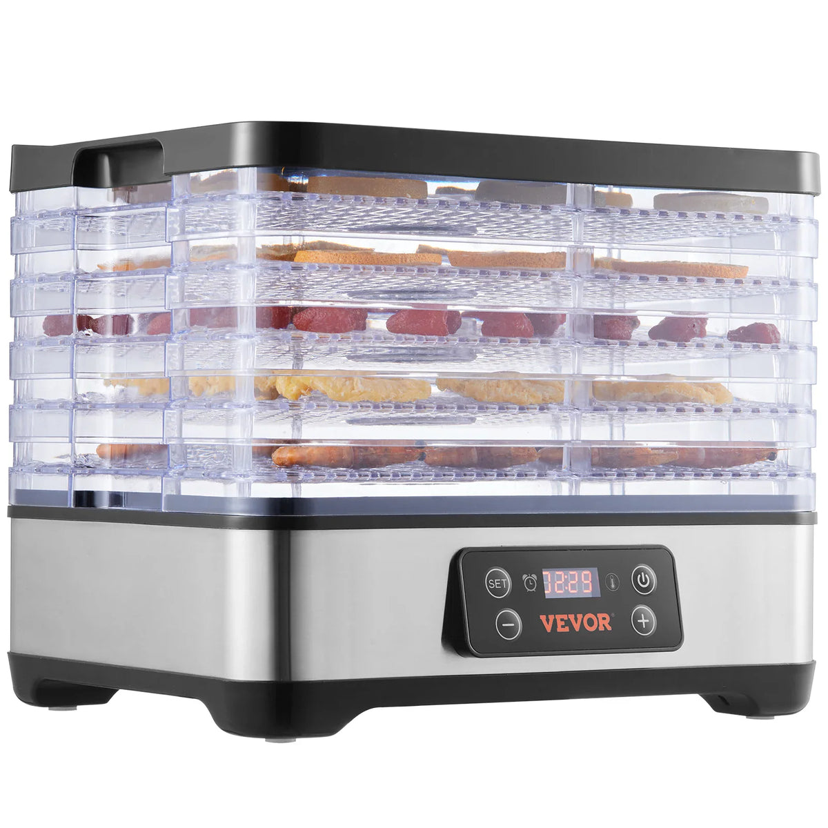 A 5-tray stainless steel electric food dehydrator machine