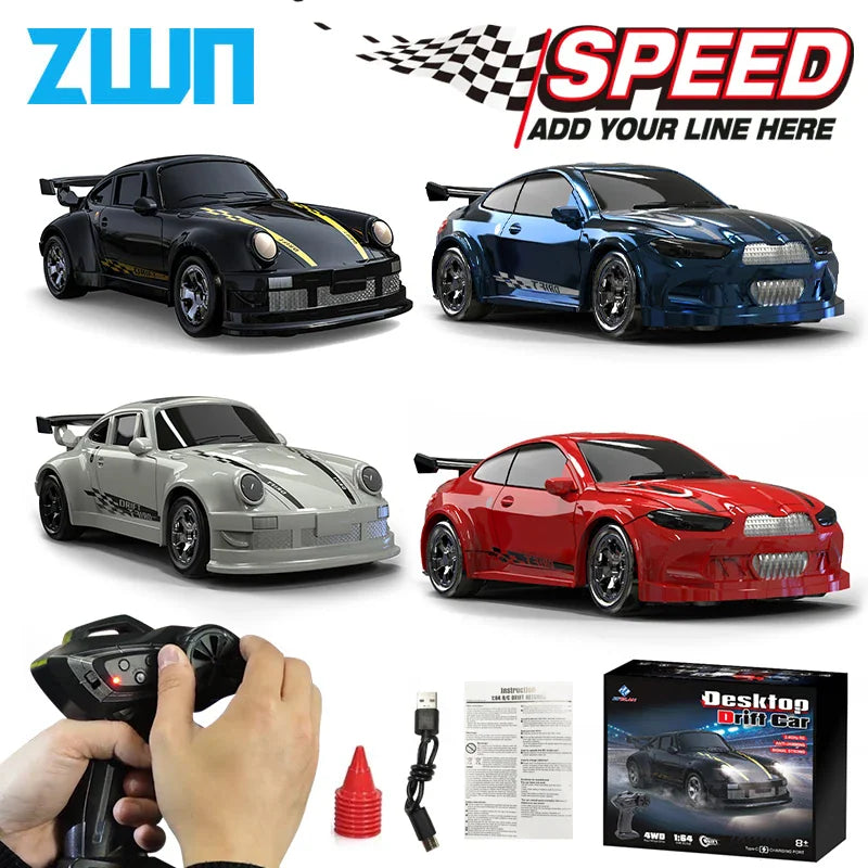 Set of four 1/64 scale RC drift cars in black, blue, white, and red with remote, charger, and packaging box