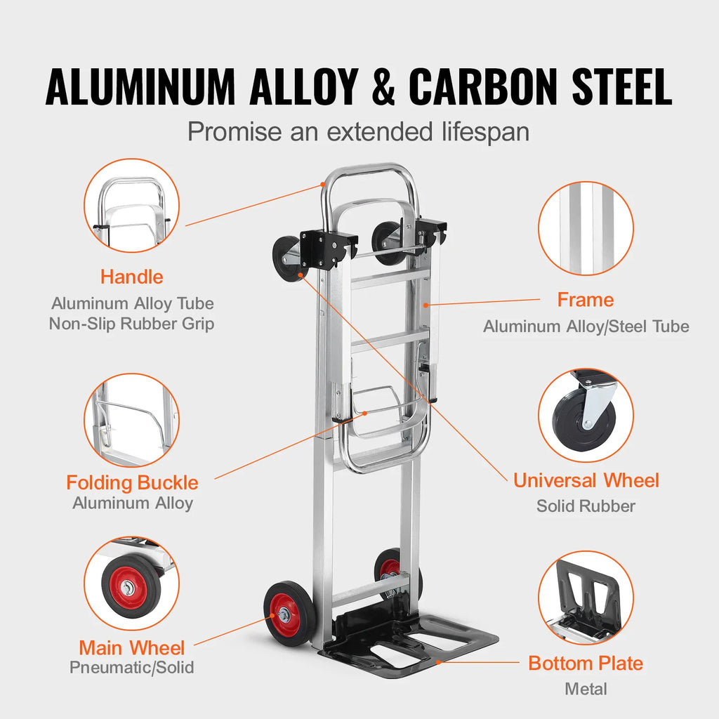 Labeled diagram of hand truck components showing aluminum and steel construction