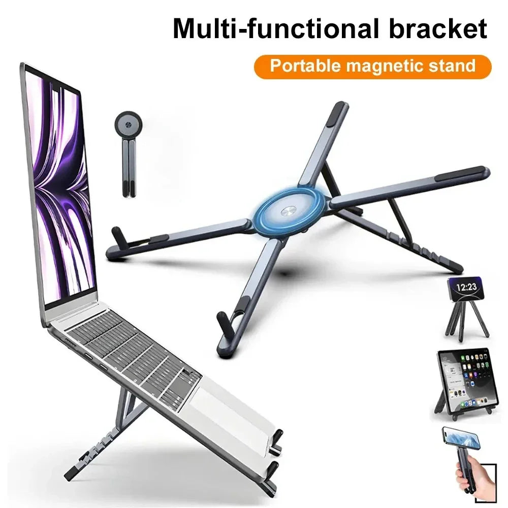 Grey magnetic folding stand supporting a laptop, a smartphone, and a tablet