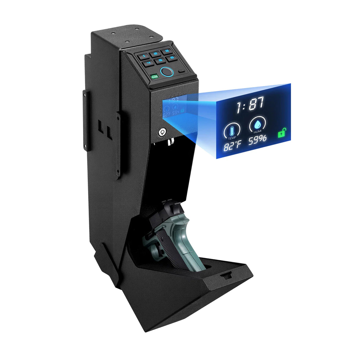 A black bedside pistol safe with biometric keypad and digital temperature and humidity display