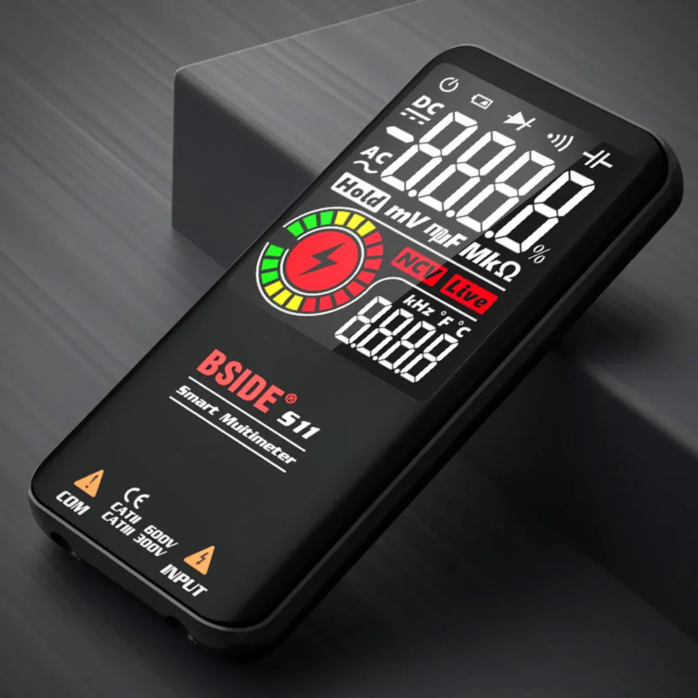 Black digital multimeter with a large screen and illuminated display