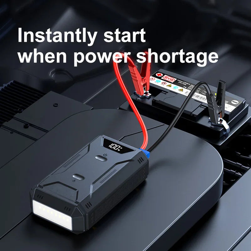 Portable car jump starter with jumper cables connected to a car battery