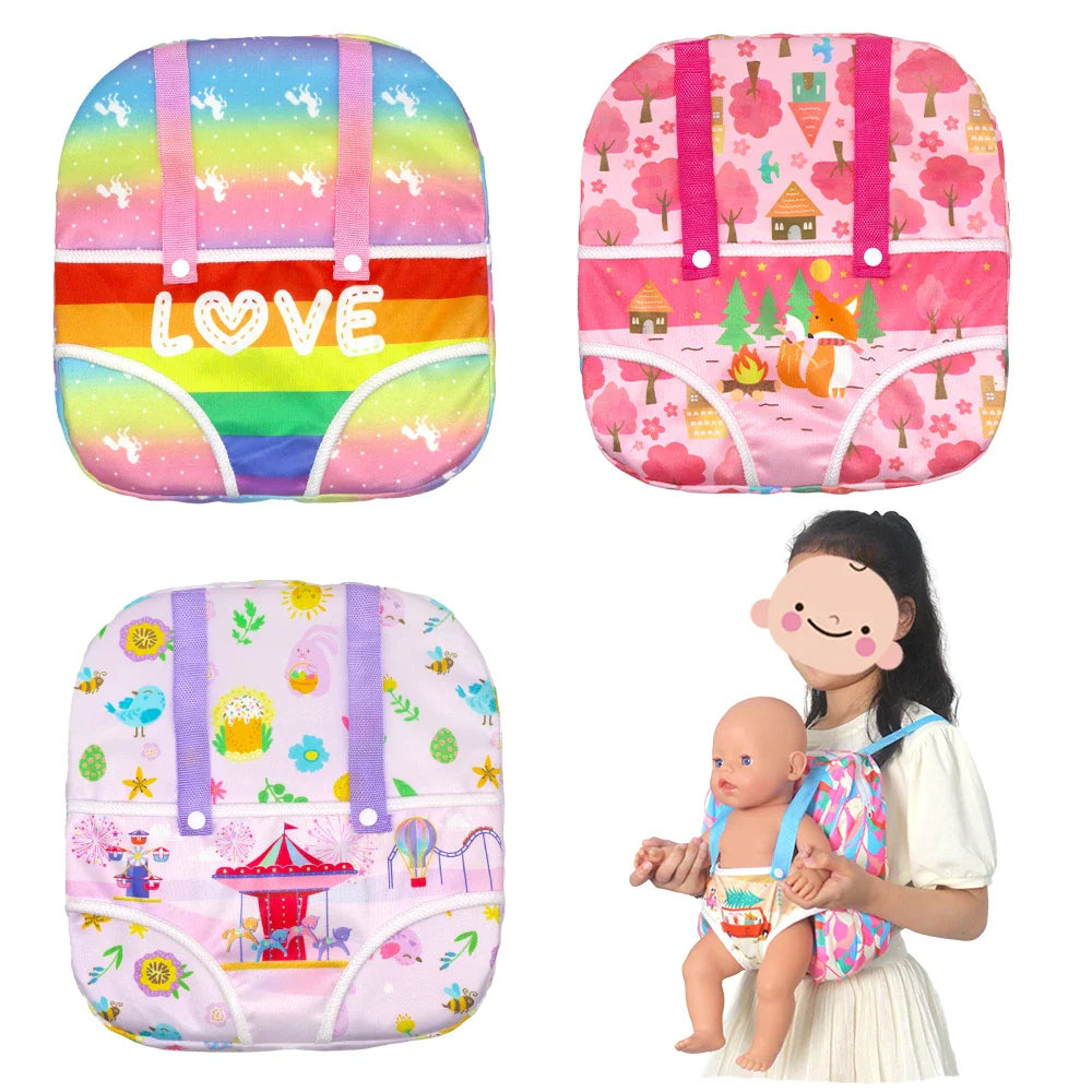 Doll carrier backpacks in assorted colorful patterns with unicorns, woodland animals, and carnival themes.