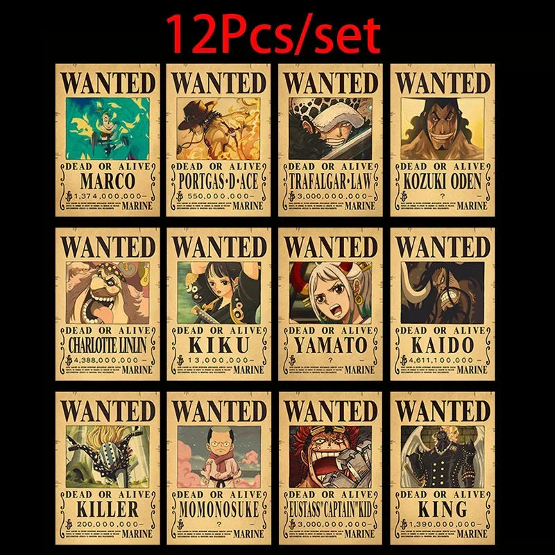 Set of twelve wanted posters featuring various anime characters on kraft paper