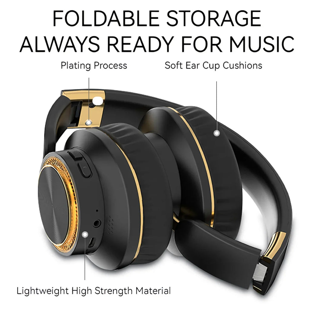 Foldable black and gold over-ear wireless headphones with highlighted product features.