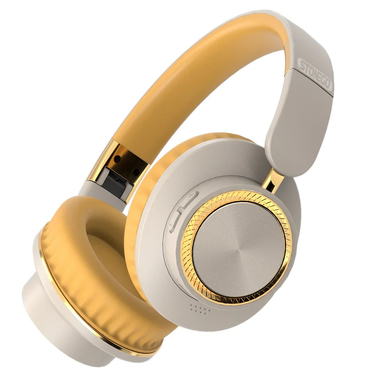 Beige and gold over-ear wireless headphones.