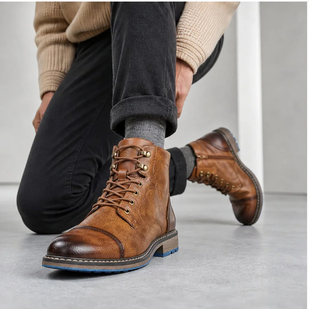 Man wearing brown leather ankle boots while kneeling