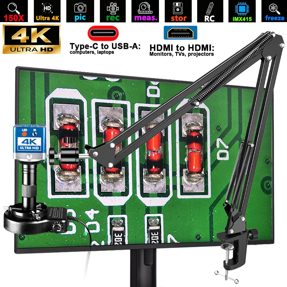4K electronic digital microscope with boom arm stand inspecting a printed circuit board.