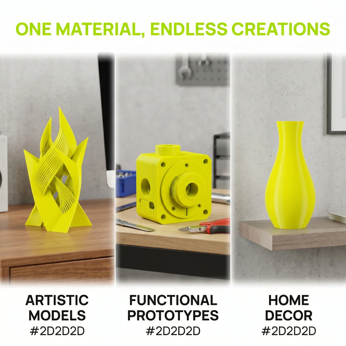 Three yellow 3D printed objects including an artistic model, mechanical prototype, and vase