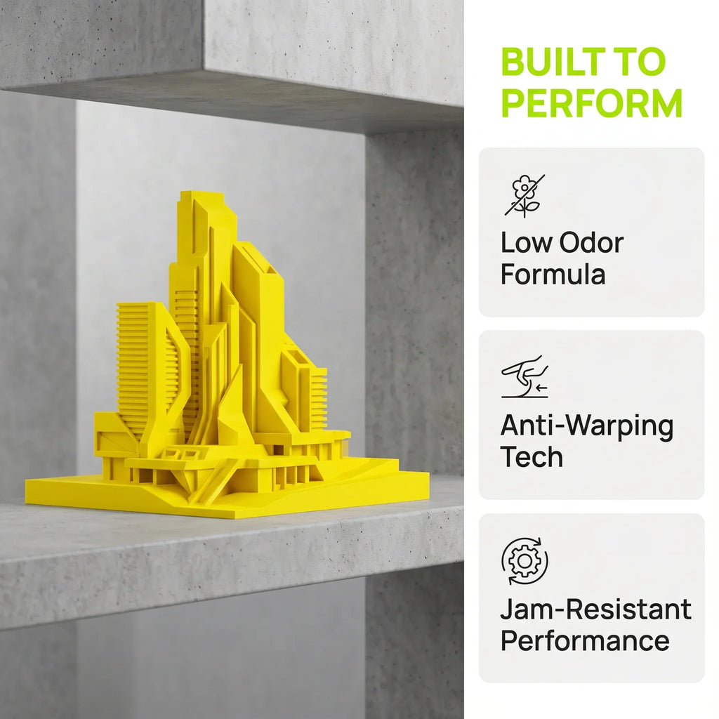 Yellow 3D printed architectural model on a shelf with feature icons