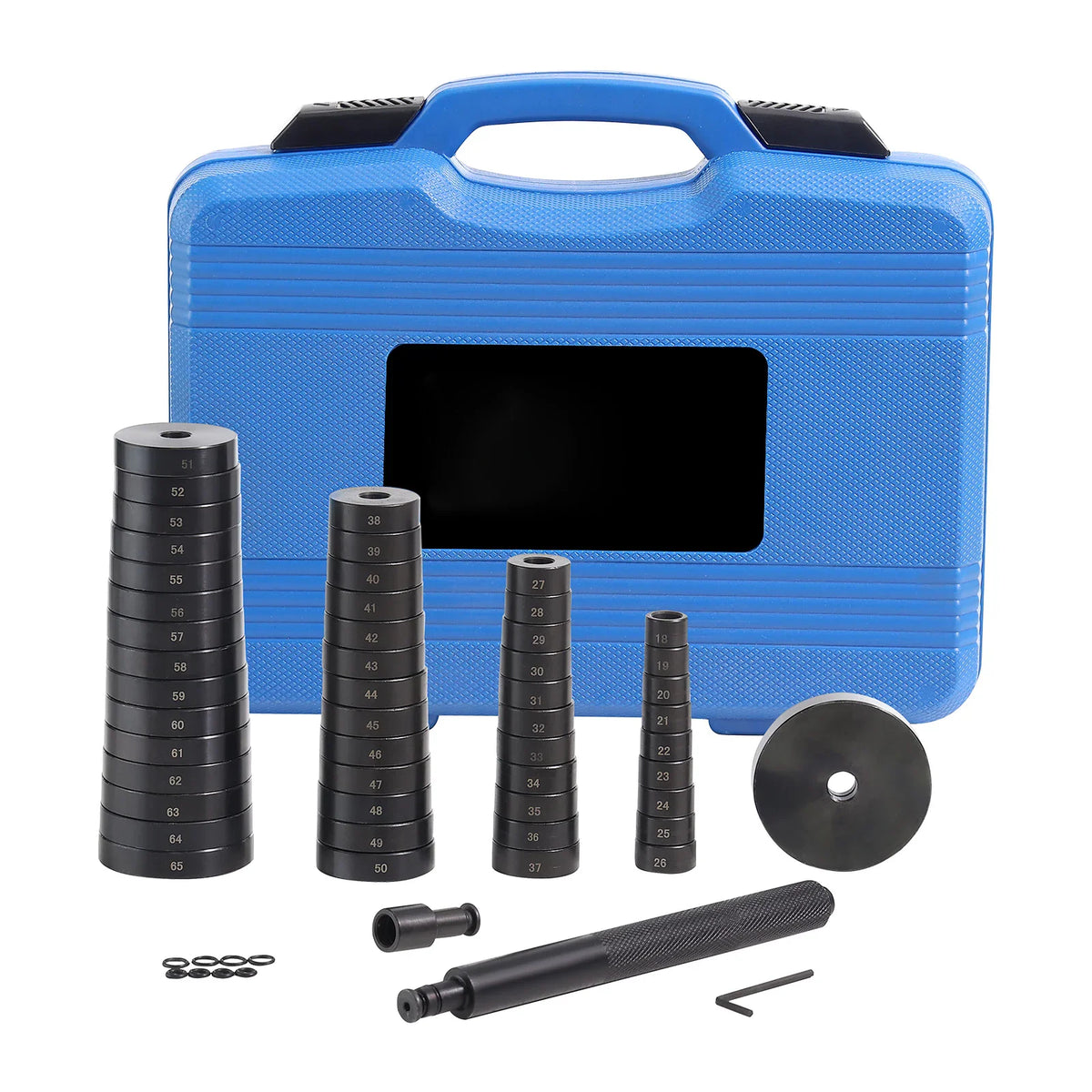 52-piece bearing and seal driver set with blue carrying case and various black steel disc adapters